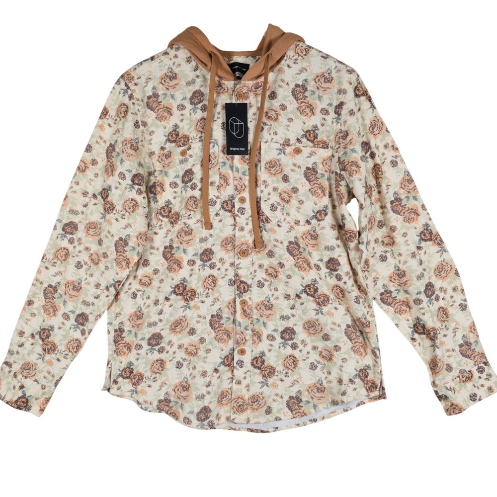 Original Use Mens Hooded Button Down‎ Shirt Jacket Khaki Floral Sz Medium NWT